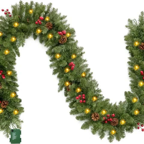 9 ft pine garland, 100 LEDs, 27 pine cones and 27 red berries