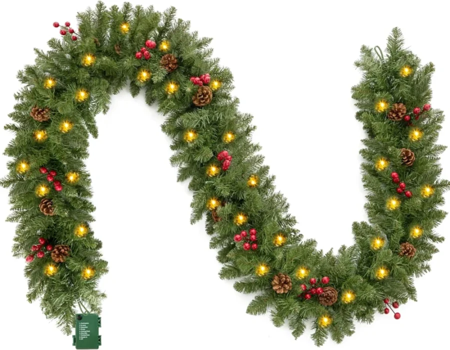 9 ft pine garland, 100 LEDs, 27 pine cones and 27 red berries