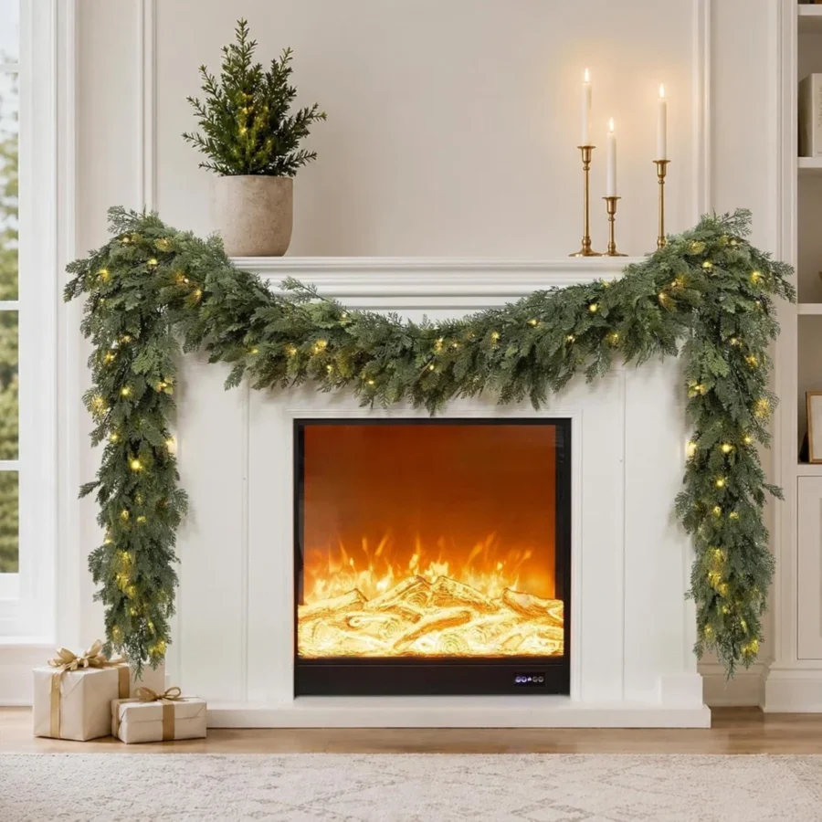 9 ft pre-lit cedar garland, 70 LED lights, battery powered, timer