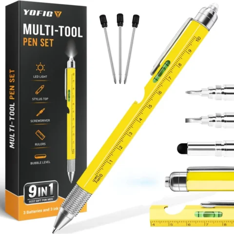 9-in-1 metal multi-tool ballpoint pen with LED, ruler and level