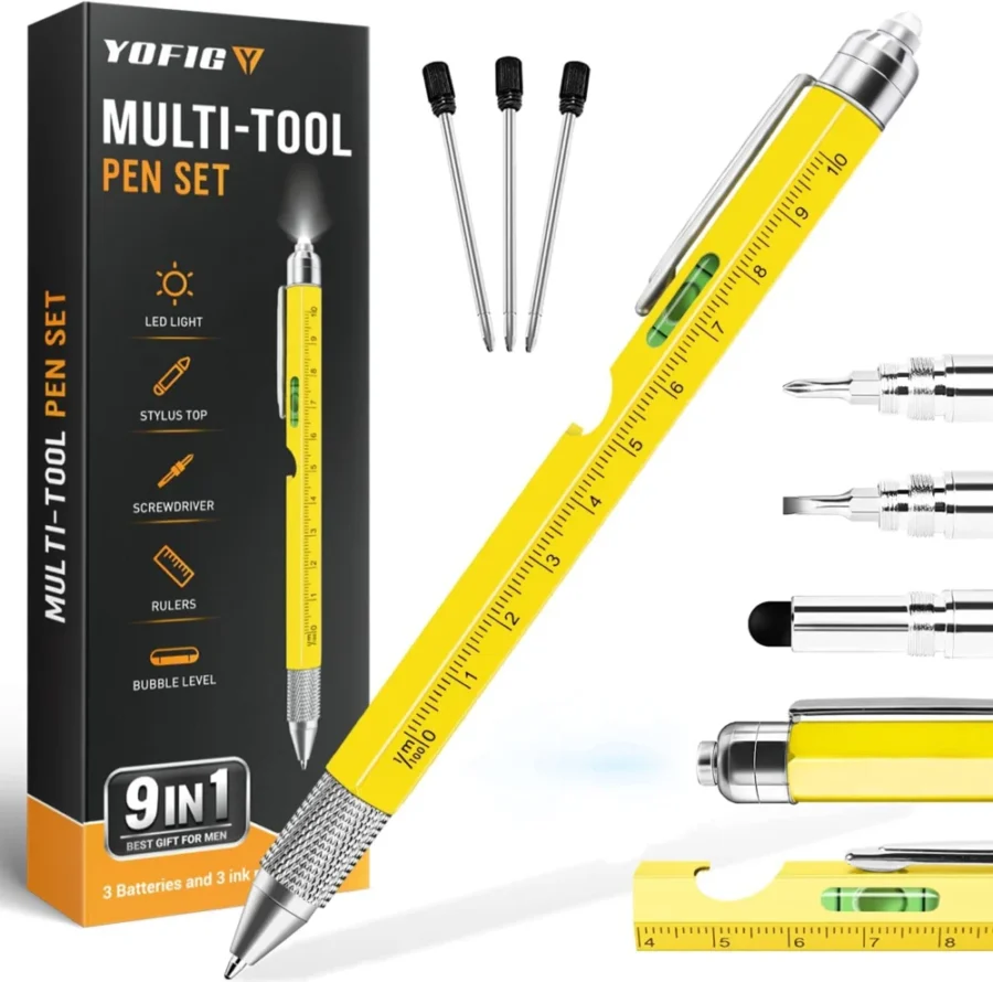 9-in-1 metal multi-tool ballpoint pen with LED, ruler and level