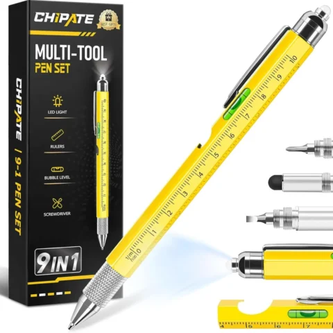9-in-1 multi-tool pen in yellow aluminium with LED torch and ruler
