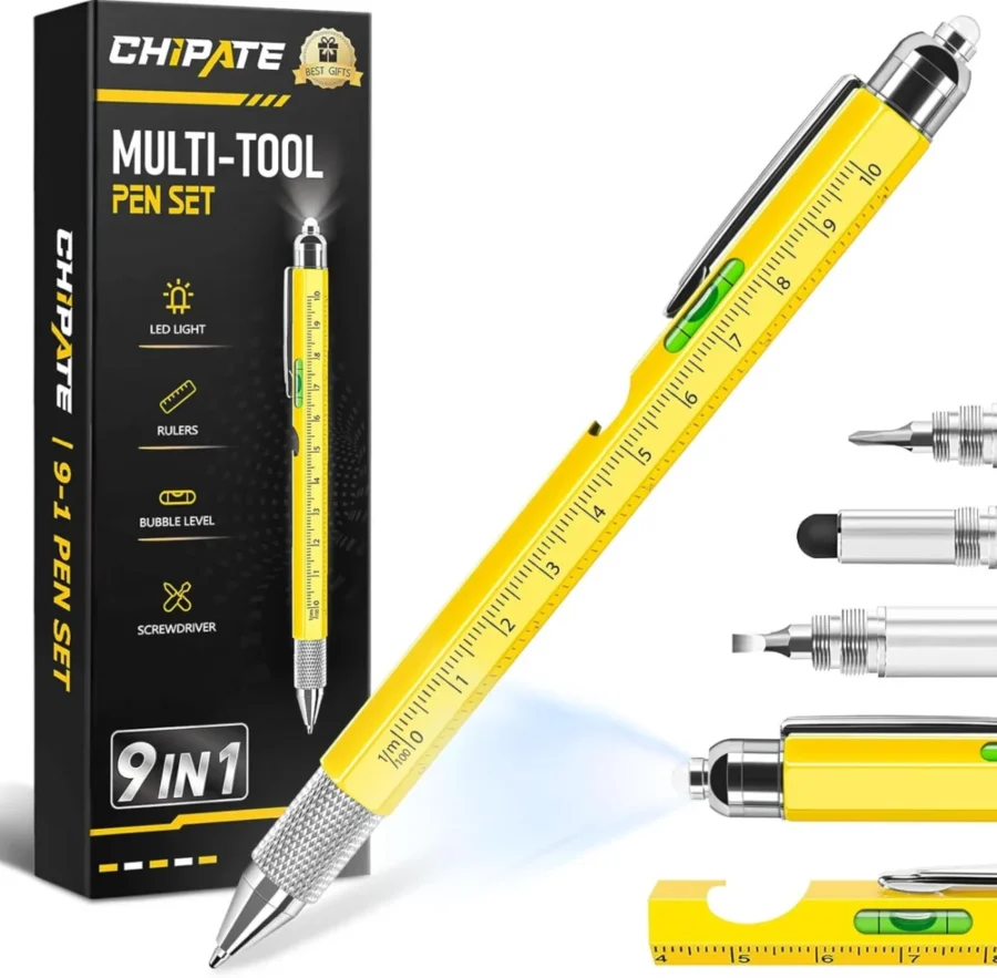 9-in-1 multi-tool pen in yellow aluminium with LED torch and ruler