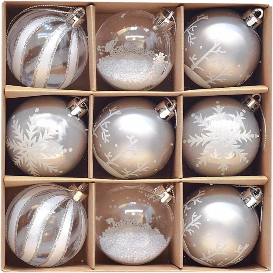 9 silver and white shatterproof baubles, 6 cm, winter theme