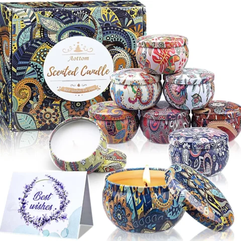 9 soy wax scented candles in 2.5 oz tins, boxed with a greeting card