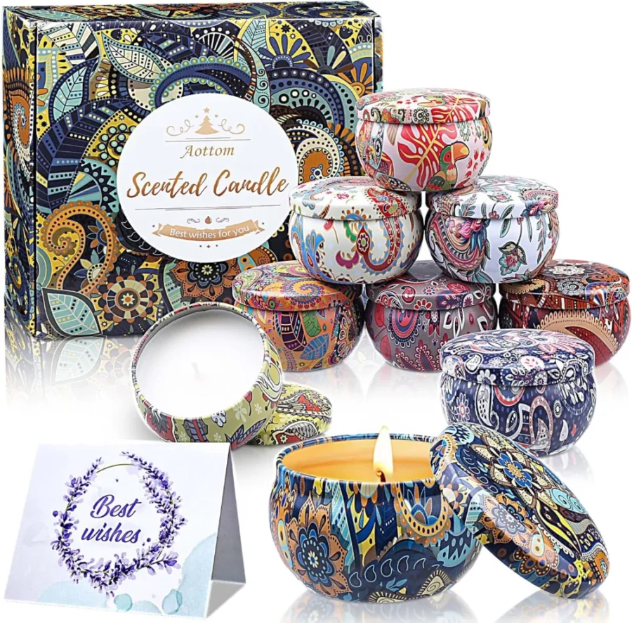 9 soy wax scented candles in 2.5 oz tins, boxed with a greeting card