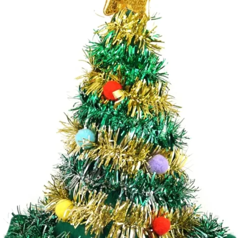 Adult Christmas tree hat in green felt with tinsel and gold star