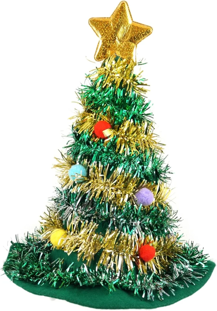 Adult Christmas tree hat in green felt with tinsel and gold star