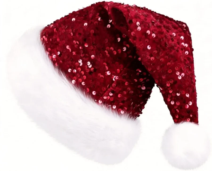 Adult sequin Santa hat in plush with a pompom