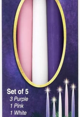 Advent taper candles in purple, pink and white, set of 5, 25.4 cm
