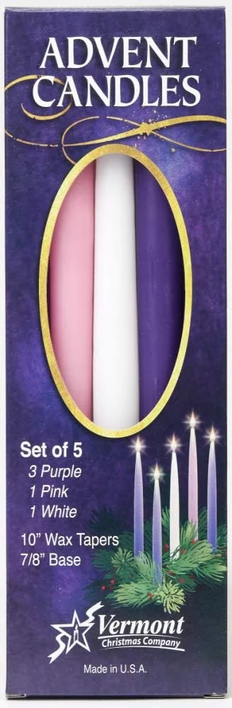 Advent taper candles in purple, pink and white, set of 5, 25.4 cm
