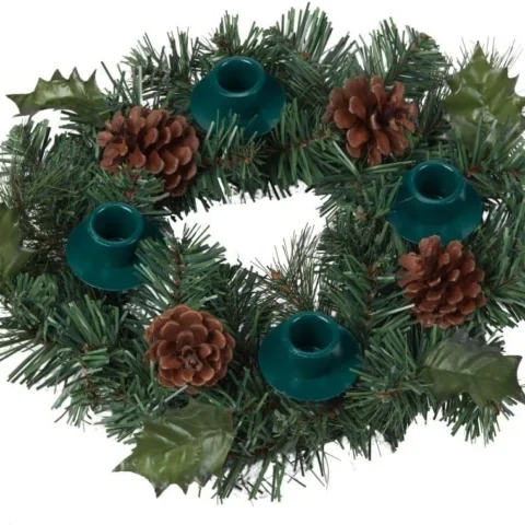 Advent wreath with holiday greens and pine cones, holds 4 candles