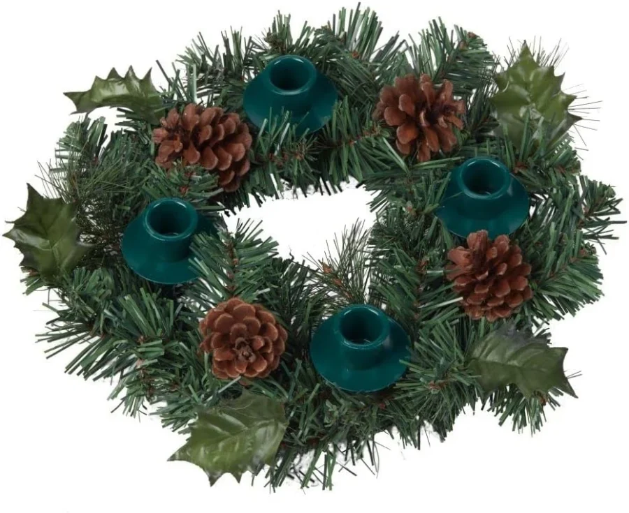 Advent wreath with holiday greens and pine cones, holds 4 candles