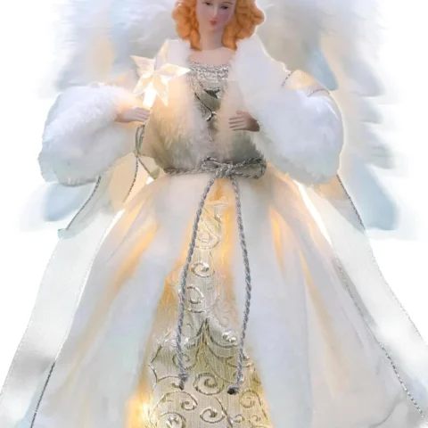Animated angel tree topper with flapping wings and LEDs, 30 cm