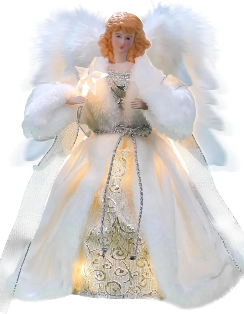 Animated angel tree topper with flapping wings and LEDs, 30 cm