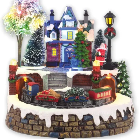 Animated musical Christmas village with revolving train, 24 cm