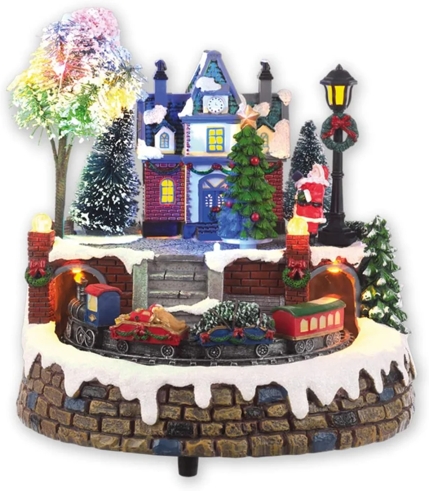Animated musical Christmas village with revolving train, 24 cm