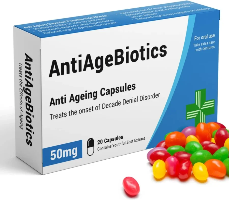 AntiAgeBiotics joke pill box filled with jelly beans, 11.7 cm