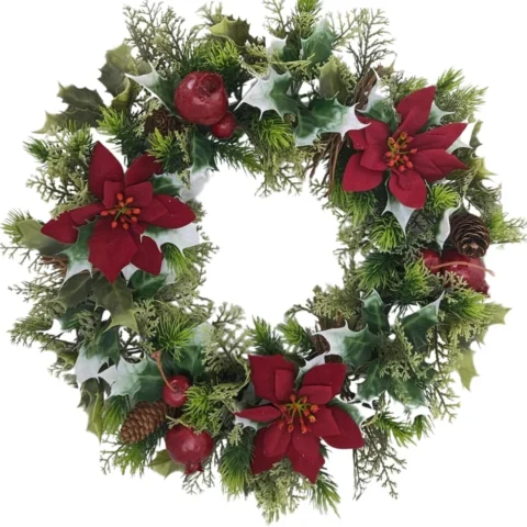 Artificial red poinsettia wreath with leaves, 25 or 41 cm sizes