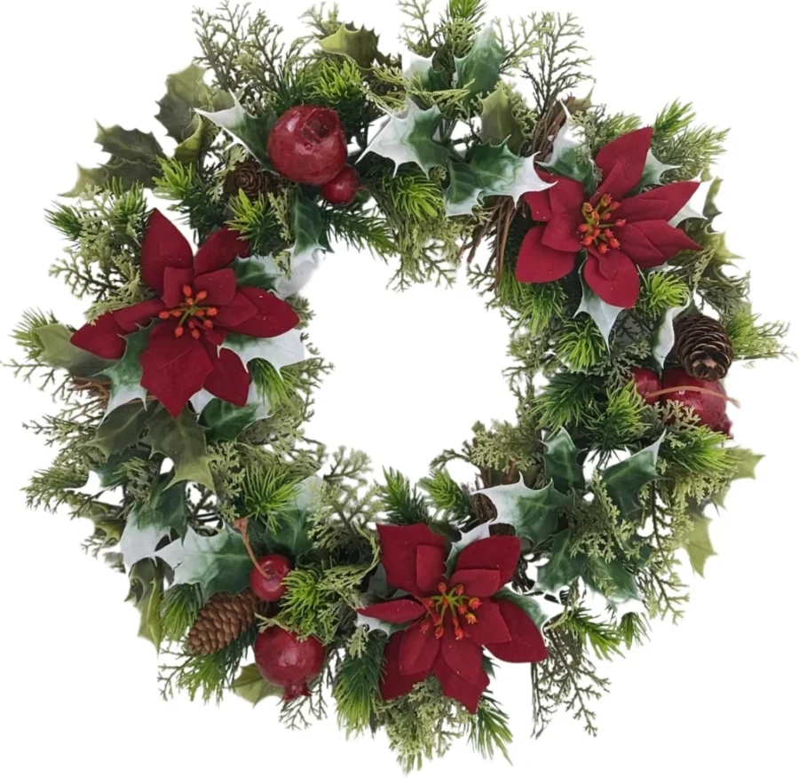 Artificial red poinsettia wreath with leaves, 25 or 41 cm sizes