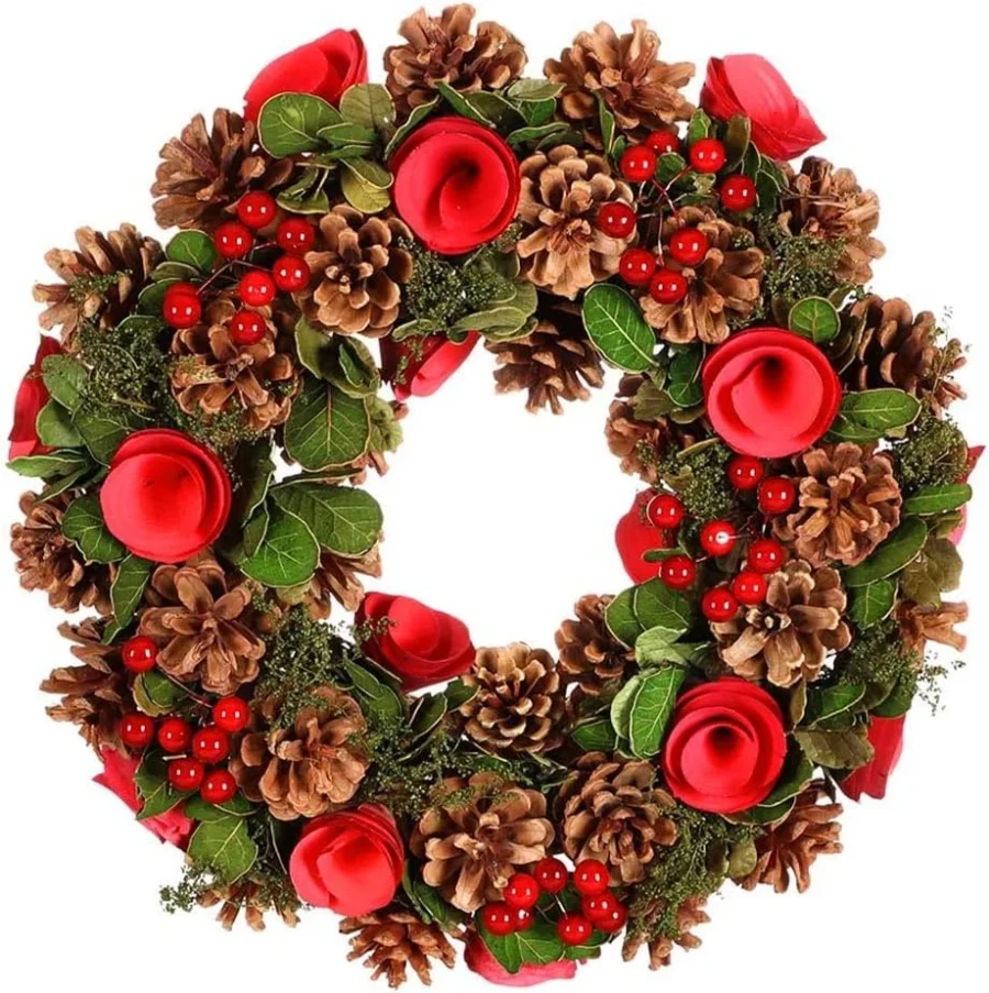 Artificial winter wreath with red roses and pine cones, 36 cm