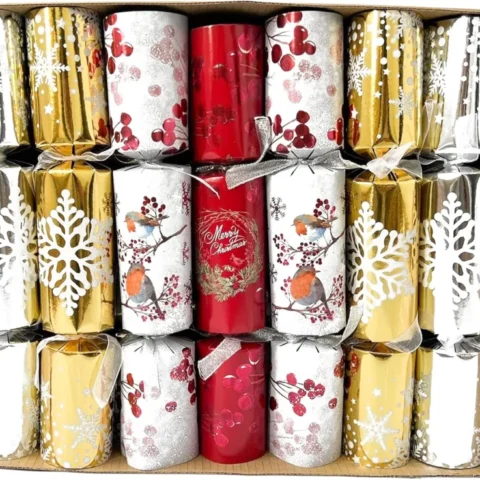 Assorted handmade Christmas crackers with gold foil, pack of 14