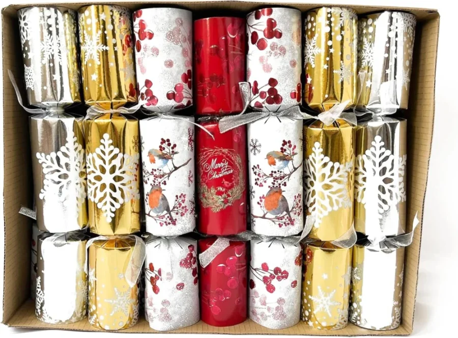 Assorted handmade Christmas crackers with gold foil, pack of 14