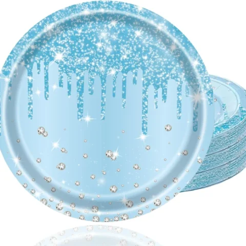 Baby blue shimmer-finish paper plates, 18 cm round, pack of 40
