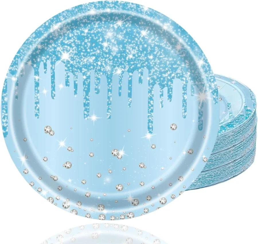 Baby blue shimmer-finish paper plates, 18 cm round, pack of 40