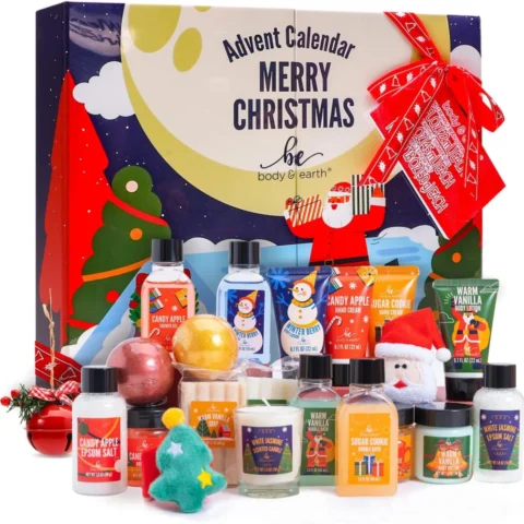 Bath and body advent calendar with 24 spa items, dark blue box