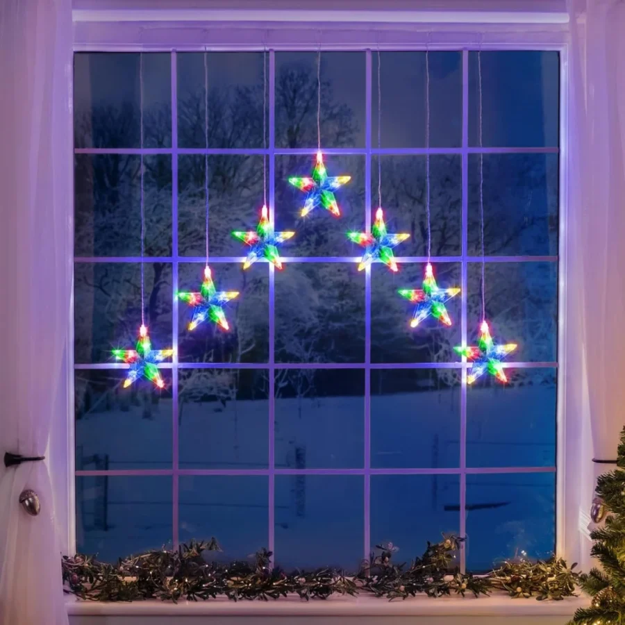 Battery star curtain lights, 7 acrylic stars, 70 multicolour LEDs