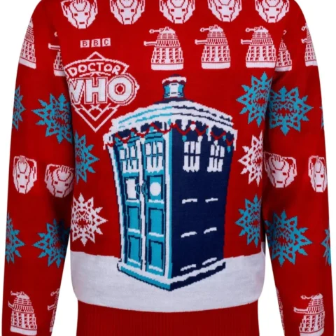 BBC Doctor Who men’s red Christmas jumper with TARDIS design