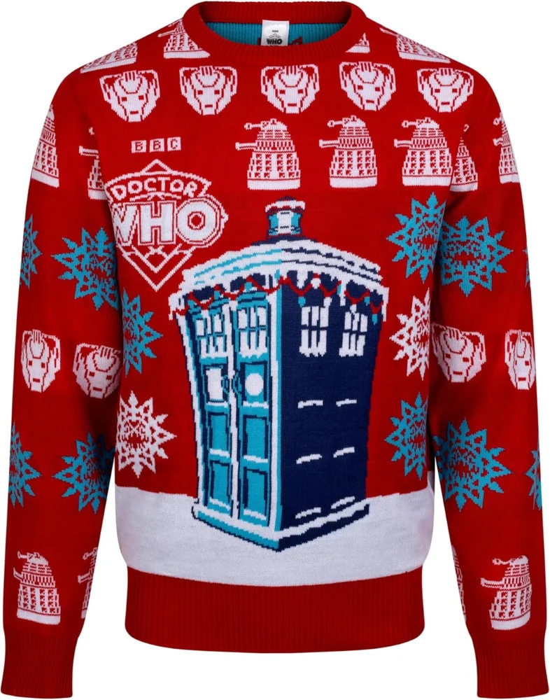 BBC Doctor Who men’s red Christmas jumper with TARDIS design