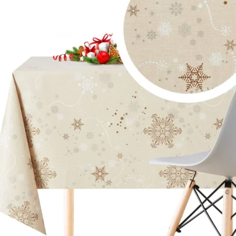 Beige PVC wipe-clean tablecloth with snowflakes, 200 x 140 cm