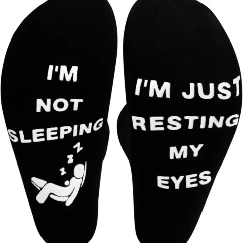 Black cotton calf socks with a white non-slip resting my eyes slogan