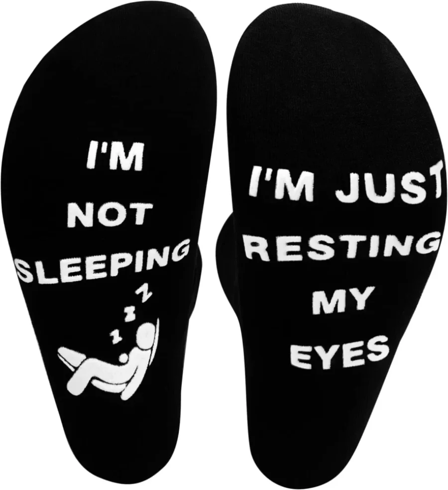 Black cotton calf socks with a white non-slip resting my eyes slogan