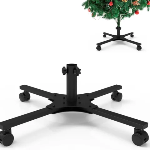 Black folding Christmas tree stand on locking wheels, 60 cm