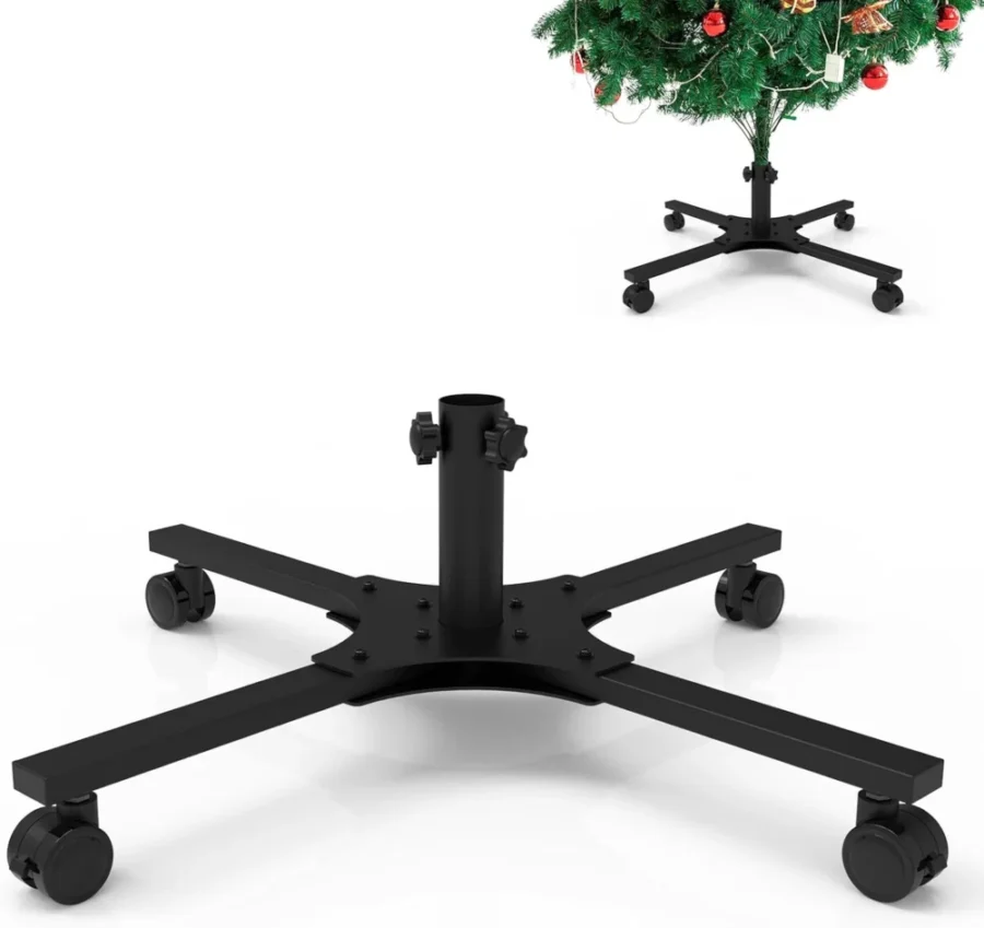 Black folding Christmas tree stand on locking wheels, 60 cm