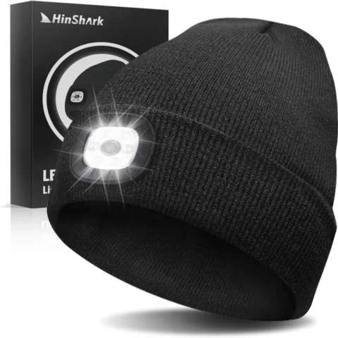 Black LED beanie hat with 6 lights, USB rechargeable, unisex