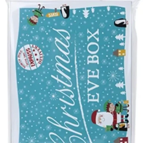 Blue and white Christmas Eve box with Santa, elf and penguin, 32 cm
