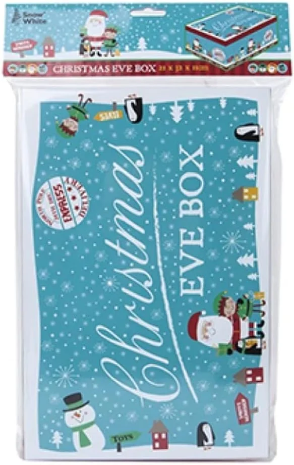 Blue and white Christmas Eve box with Santa, elf and penguin, 32 cm