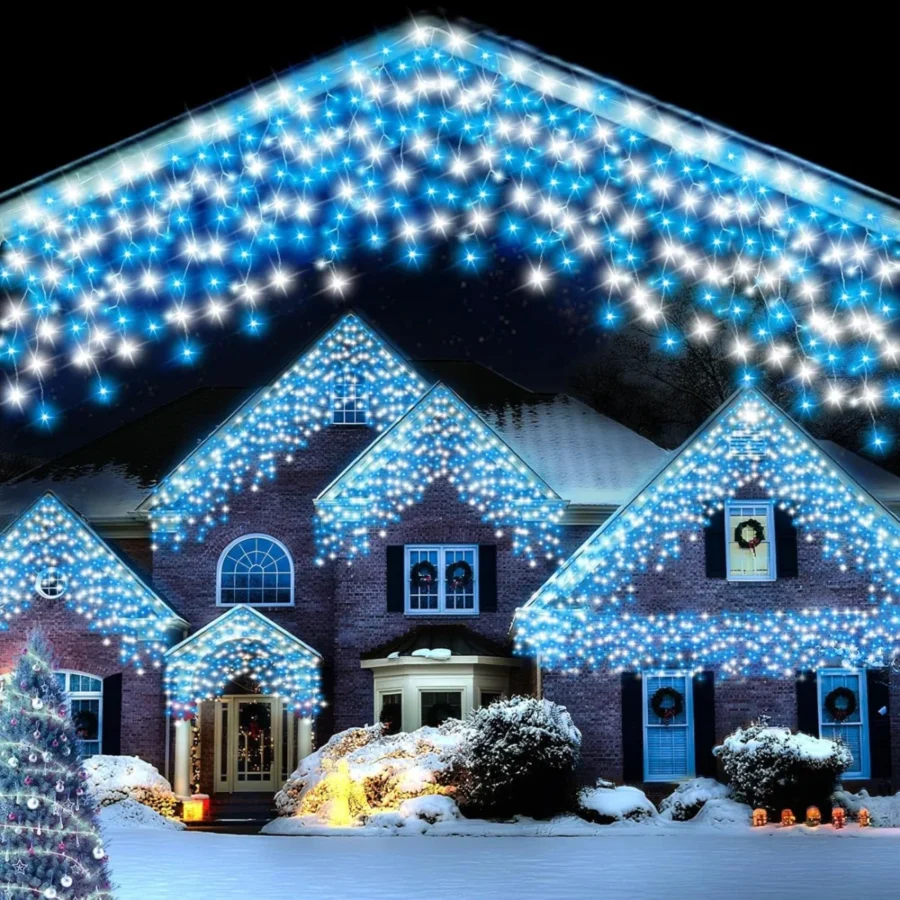 Blue and white icicle lights, 480 LEDs, 15 m, mains with timer