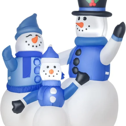 Blue and white inflatable snowman trio, 120 cm, with built-in LEDs
