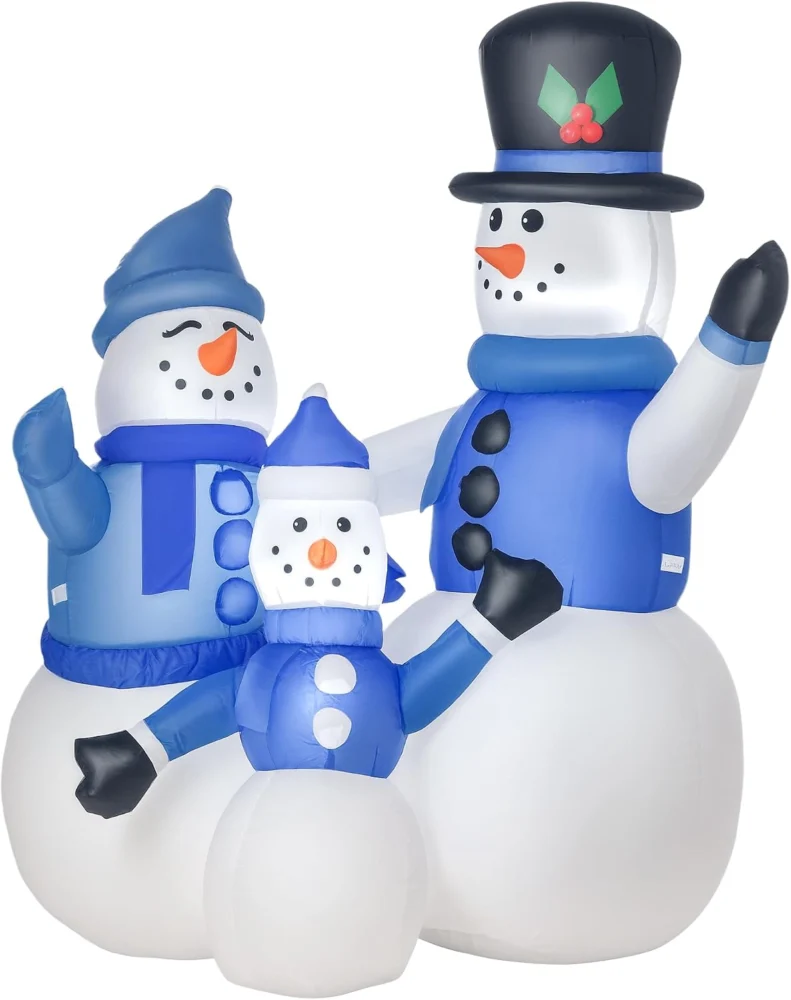 Blue and white inflatable snowman trio, 120 cm, with built-in LEDs
