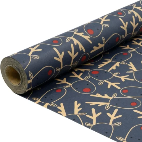 Blue kraft Christmas wrapping paper roll, elk print, 43 cm x 15 m