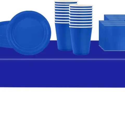 Blue paper Christmas tableware set, 53 pieces, cartoon pattern