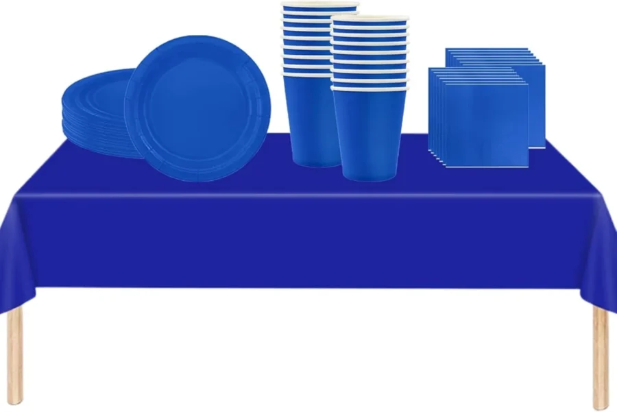 Blue paper Christmas tableware set, 53 pieces, cartoon pattern