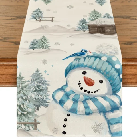 Blue snowman and trees Christmas table runner, 40 x 180 cm