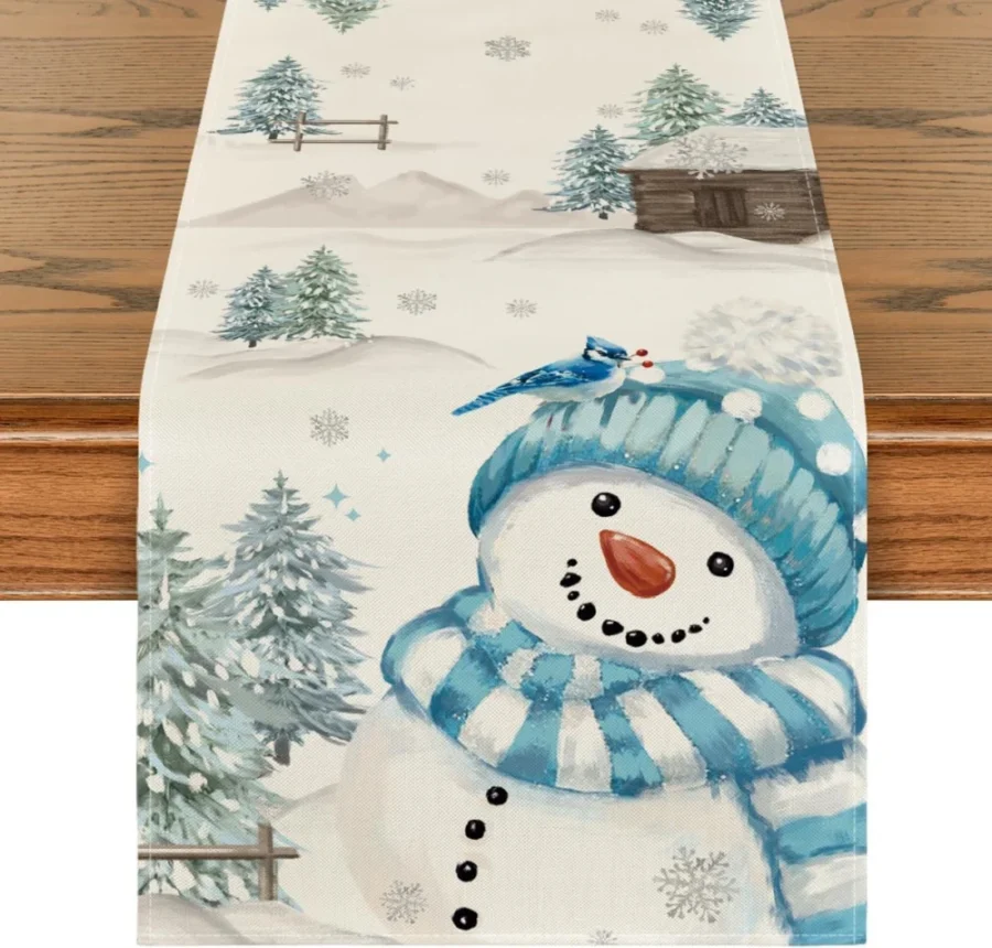 Blue snowman and trees Christmas table runner, 40 x 180 cm