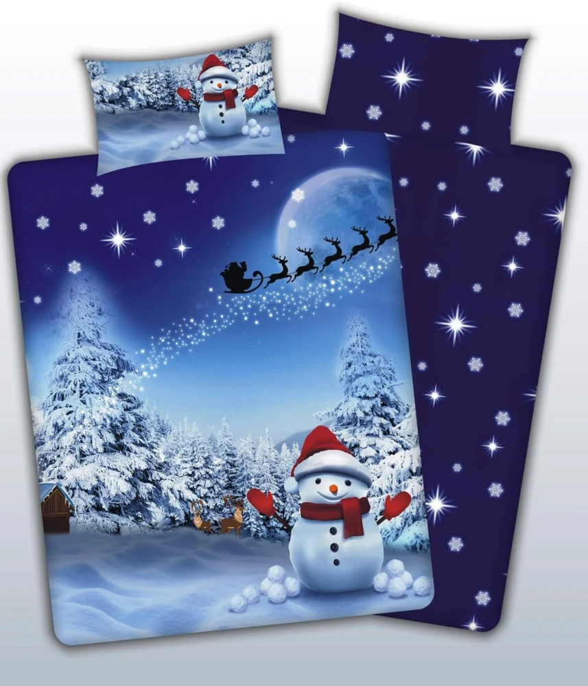 Blue snowman king size duvet cover set with 2 pillowcases